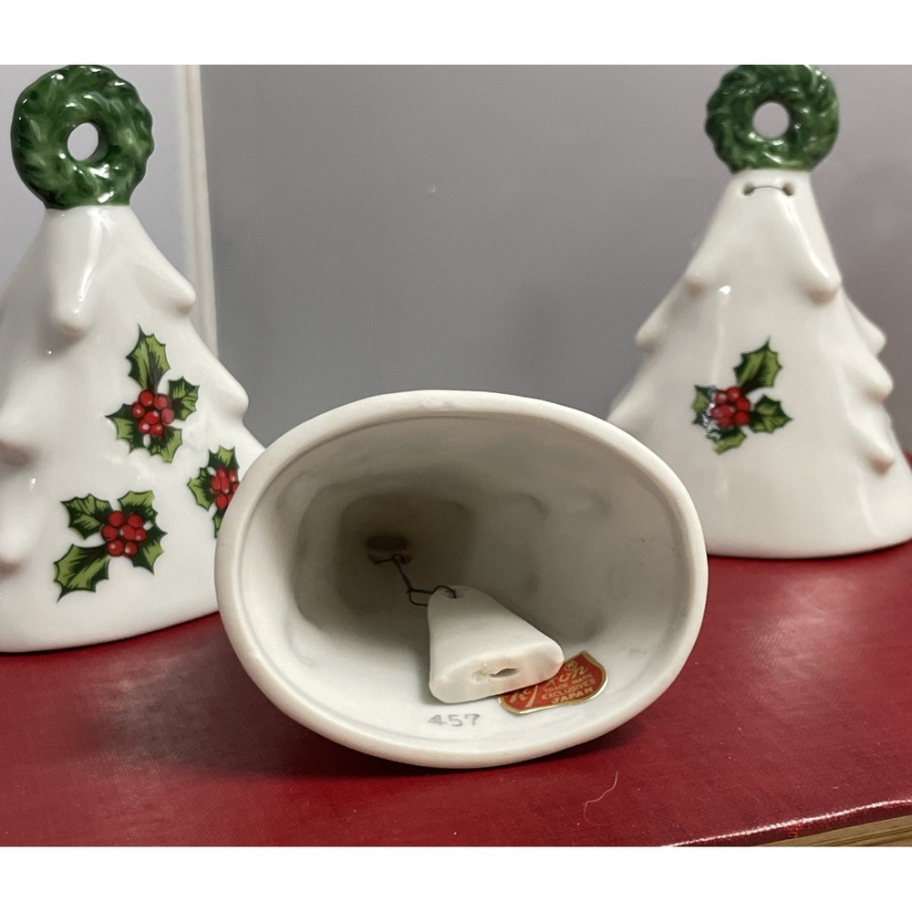 Lefton Christmas Ornament Set Of 3 Bell Holly #457 Vintage 3.5" Porcelain Japan - Picture 8 of 11